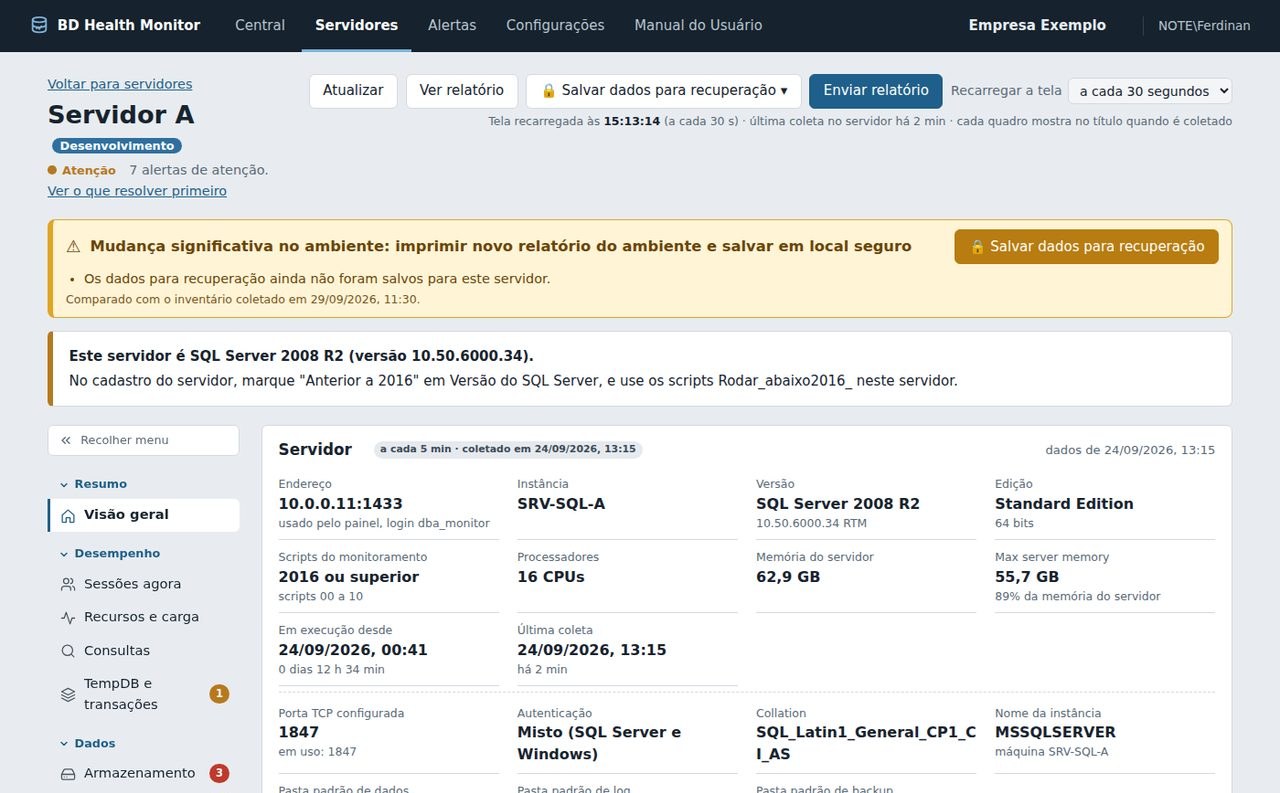 Visão geral de um servidor no BD Health Monitor, com o aviso para salvar os dados de recuperação